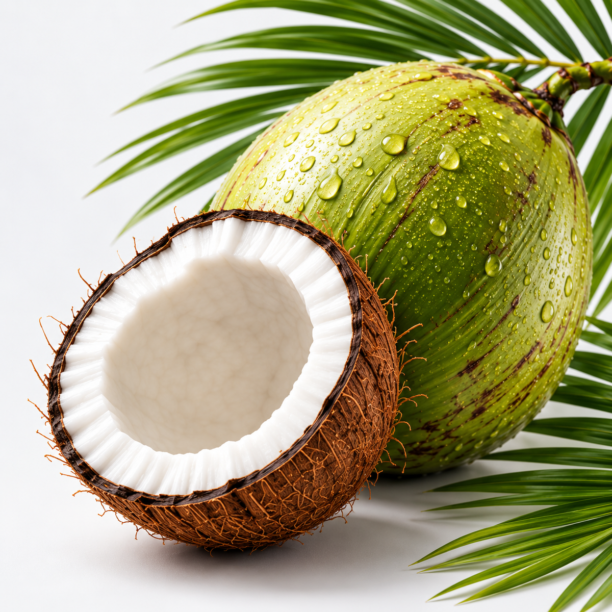 Fresh whole and cut coconuts