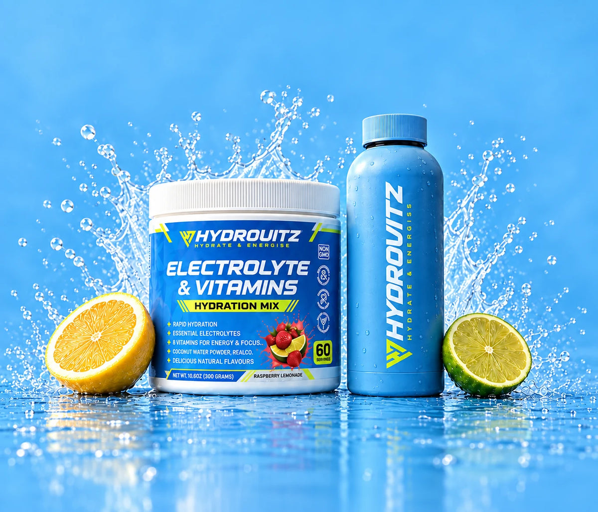 Hydrovitz electrolyte tub, blue bottle and fresh citrus in a water splash
