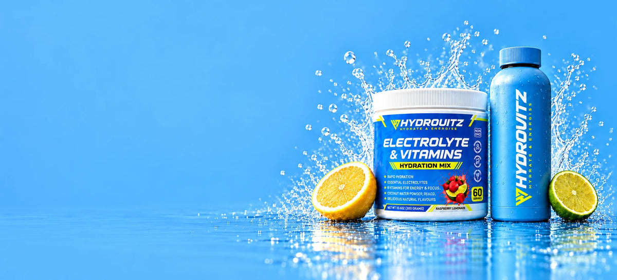 Hydrovitz electrolyte tub and blue bottle with citrus and a water splash