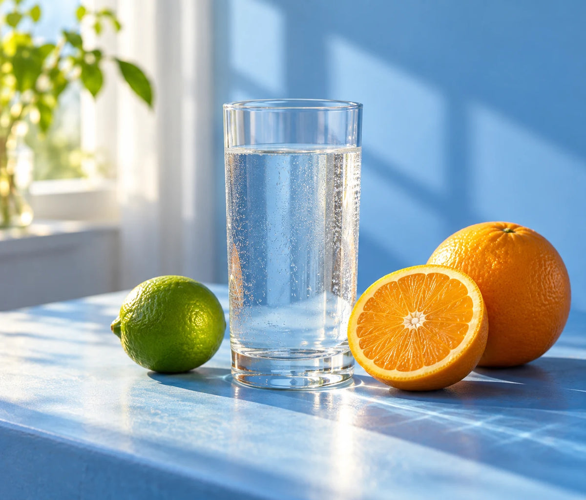 Hydrovitz morning hydration beside a glass of water with fruit and soft morning light
