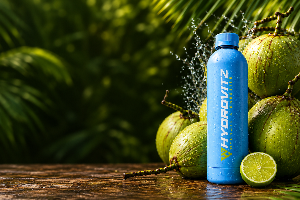 Hydrovitz bottle with fresh coconuts and lime